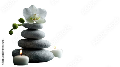 A serene arrangement of stacked zen stones and a white orchid flower creates a balanced pebble pyramid, symbolizing nature, harmony, and stability for health and spa meditation