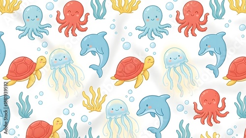 Cute cartoon marine animals and underwater plants pattern cheerful and playful illust n for kids