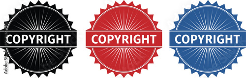 Three Copyright Seals in Black Red and Blue with Sunburst Design stamp badge