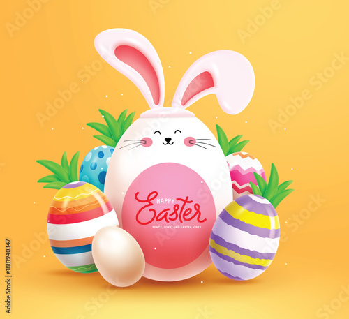 A top-down view of a festive Easter table setting featuring pastel-colored eggs in a ceramic bowl, spring flowers, and decorative bunny figurines on a light wooden background.