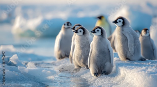 Emperor penguin chicks on Antarctic ice under soft morning light
