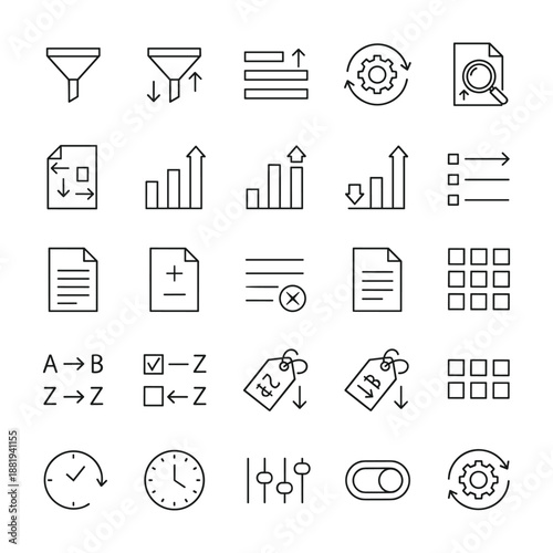Sorting and filtering navigation line icon set. Elements for data organization, web interface ui ux, database search, and information management. Vector illustration.