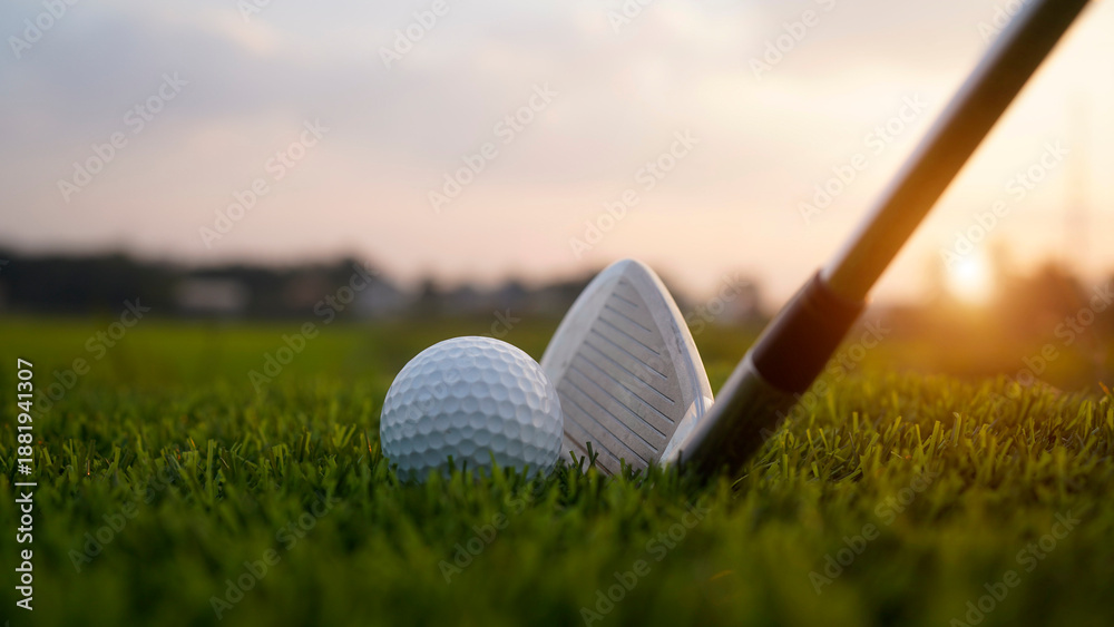 Naklejka premium Golf clubs and balls on a green lawn in a beautiful golf course with morning sunshine.