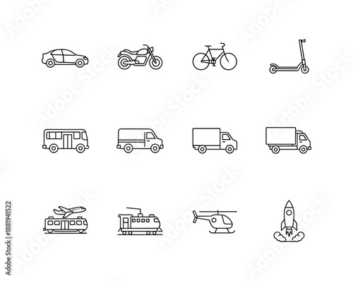 Vehicle icon set containing car, bike, plane, train, bicycle, motorbike, bus, scooter, and more transportation modes for logistics and travel vector design.