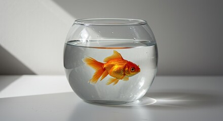 A single goldfish swims in a clear glass bowl on a white surface with sunlight casting shadows