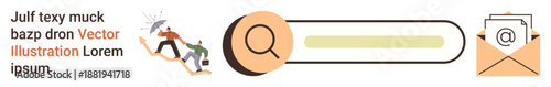 Teamwork, communication, search tools, online interaction, digital workflow, email management. Group of people helping each other, magnifying glass with search bar envelope symbol. Teamwork