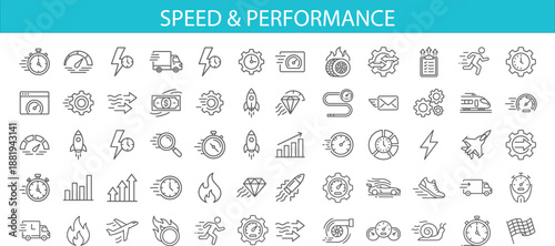 Speed and performance line icons set featuring fast delivery, acceleration, efficiency, logistics, technology, productivity, and rapid growth concepts for modern business and digital design