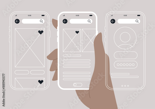 Three partially completed website wireframes are held in a hand, illustrating different mobile screen layouts, The templates highlight sections for search, profile details, and content display