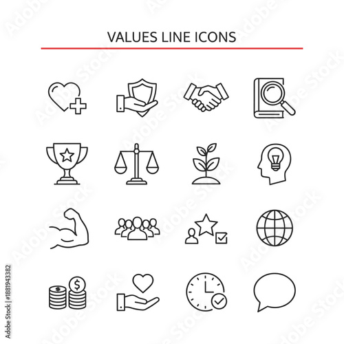 Values icon set and outline icon collection with editable stroke, featuring business ethics, corporate philosophy, moral principles, and human belief symbols.