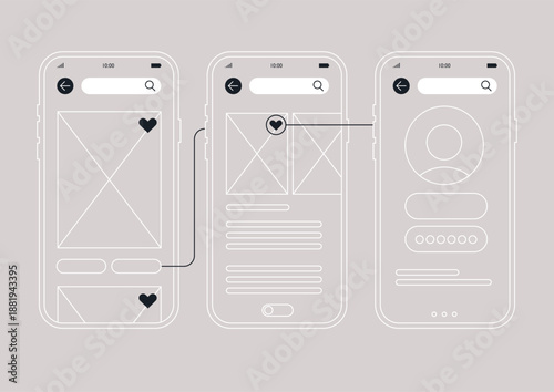 Three distinct website wireframes showcase an engaging layout for mobile devices, emphasizing user interaction and streamlined design to enhance website functionality.