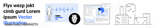 Healthcare data analysis, diagnostic tools, urban planning, electrocardiogram tracking, business reports, city infrastructure. ECG monitor and charts with modern buildings. Healthcare and urban
