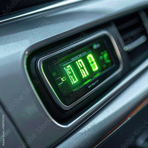 Close Up of a Modern Car Dashboard with a Glowing Green Digital Display and Sleek Metallic Accents on a Blurred Background