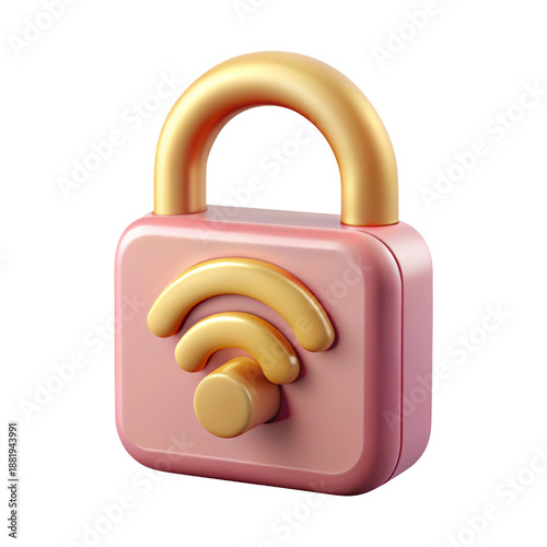 3d pink and gold padlock icon with wifi signal symbol for secure wireless network connection concept isolated on transparent background, icon, png