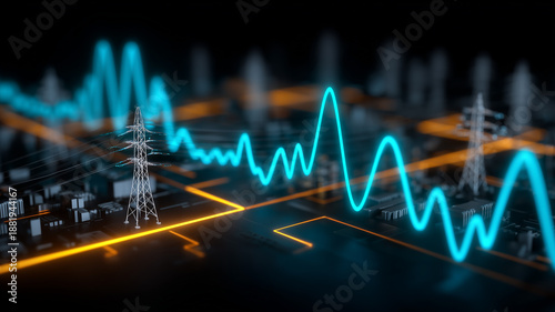 Electric power grid visualization with waveform line representing energy monitoring demand forecasting and smart utility infrastructure.
