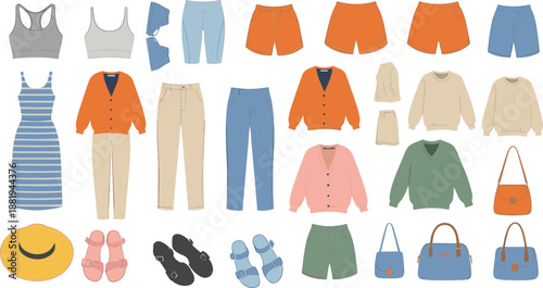 Casual Summer Clothing and Accessories Vector Set Featuring Outfits Shoes Bags and Fashion Items Illustration