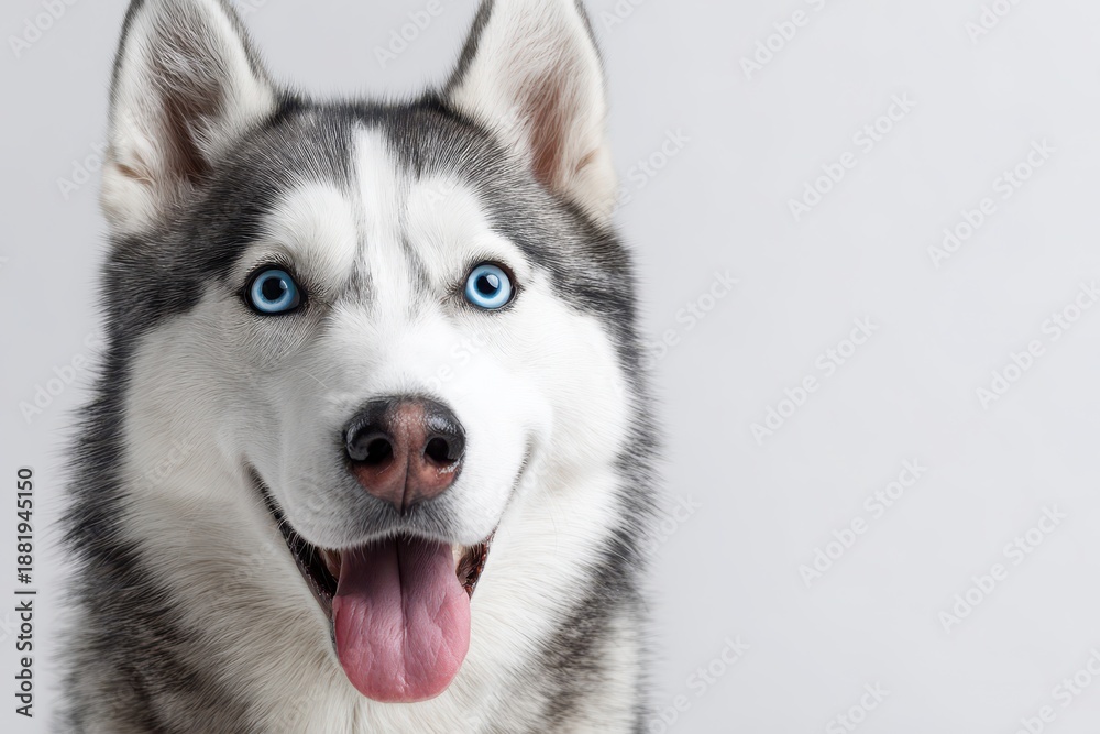Fototapeta premium Joyful blue-eyed Siberian husky portrait against a white studio backdrop with generous design space