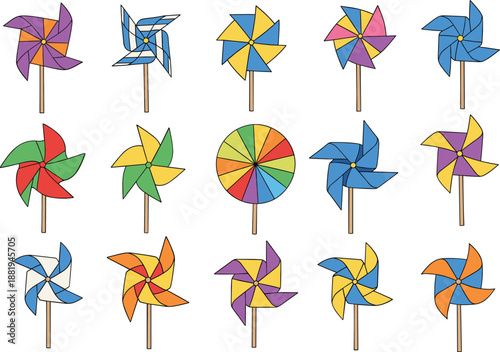 Colorful Pinwheel Toy Vector Set Featuring Spinning Windmill Shapes for Kids Summer Play Illustration
