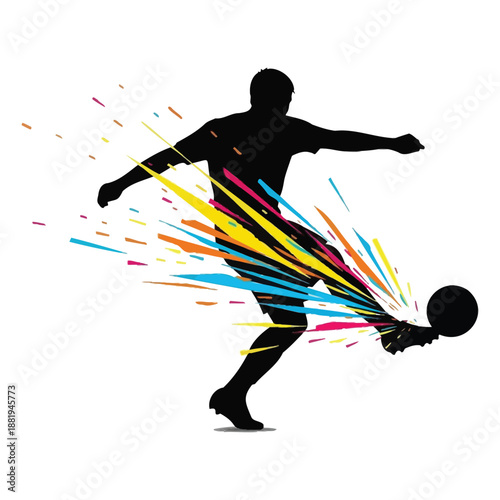 silhouette of a man kicking a soccer ball with colorful streaks flying out  action movement
