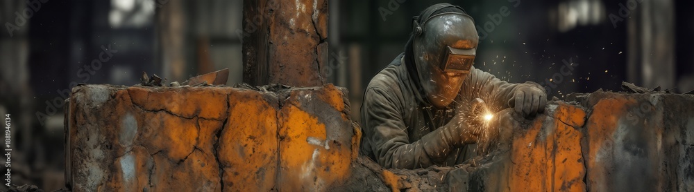 Fototapeta premium industrial welder working with metal in a shipyard, sparks flying during fabrication process.