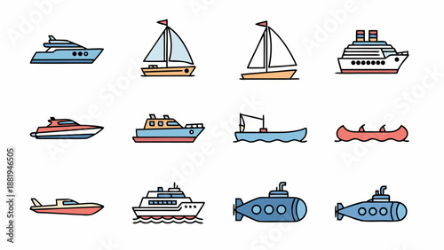 Collection of colorful flat design icons representing various watercraft and marine vessels