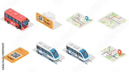 Isometric icons of public transport, tickets, and subway maps for travel planning