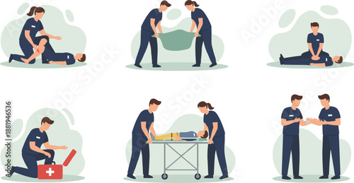Emergency Medical Team Illustration Set Showing First Aid, CPR, Stretcher Transport, Trauma Response, and Professional Paramedic Assistance