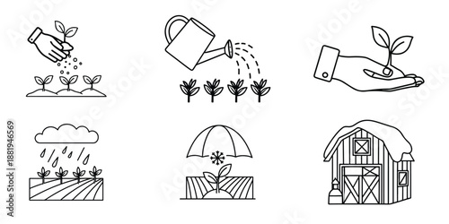 Agriculture and Gardening Line Icons Set – Planting, Watering, Rain, Farm Barn Outline Vector