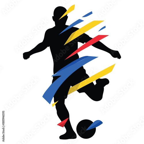 Soccer player kicking ball with motion lines around him in blue yellow and red colors