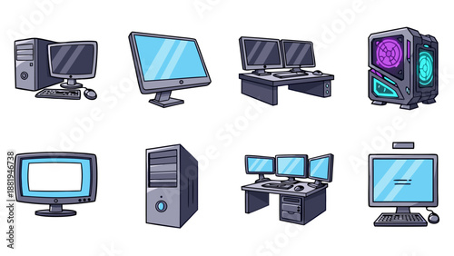 Collection of cartoon computer setups and components for digital design