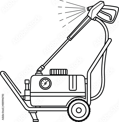 High pressure washer machine outline icon, professional power cleaning equipment vector illustration for car wash and home maintenance, cad drawing flat vector illustration