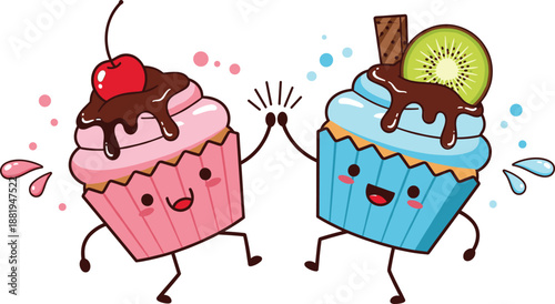 Cute happy cupcake characters vector illustration with cherry kiwi toppings smiling faces and playful cartoon style