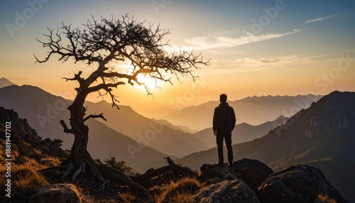 Lone Hiker Silhouetted Against Golden Sunset in Mountainous Landscape With Gnarly Tree