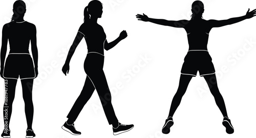 Vector illustration of human movement silhouettes—symbols for exercise, posture, activity, fitness, gesture, motion, lifestyle, anatomy, wellness, and physical routine