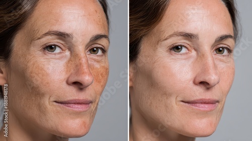Close-up portrait of even skin tone after skincare treatment with reduced melasma and enlarged pores