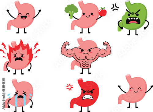 Cute Stomach Cartoon Characters Vector Set Showing Healthy Unhealthy Emotions Fitness and Digestive Lifestyle Concepts