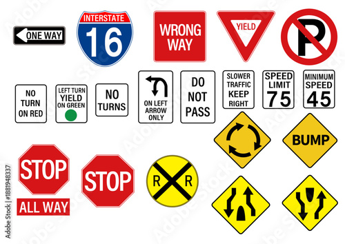 Free Download A comprehensive collection of various American road signs, including regulatory, warning, and informational signs for traffic control and safety. - GFXLoad