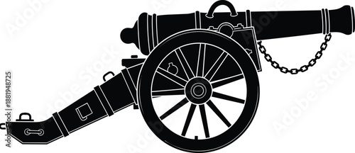 Vector illustration of vintage cannon silhouette—symbolizing warfare, history, artillery, weaponry, military, defense, heritage, battle, technology, and historical design
