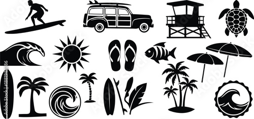 Silhouette Beach Elements Collection: A stunning compilation of beach-themed silhouettes, meticulously crafted to evoke the essence of the ocean, surf, and sun.