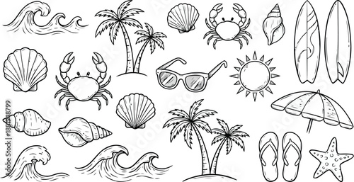 Summer Beach Elements: A collection of beach-themed illustrations, from crashing waves to swaying palm trees, sunglasses, shells and surfboard.