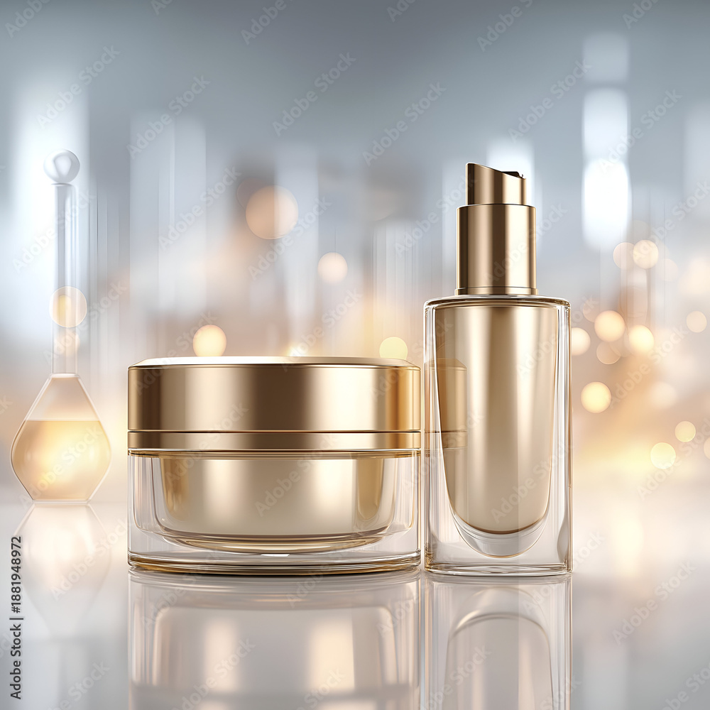 Naklejka premium Elegant skincare products displayed against a soft-focus background, highlighting luxury and beauty for skincare enthusiasts and consumers.