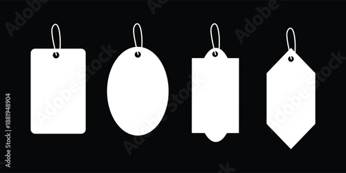 White hanging price tag labels on black background. Set of blank retail tags in oval and geometric shapes with strings. Minimal product labeling design for branding, sales, and packaging. 