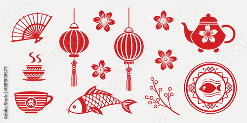 Traditional Chinese and Japanese Cultural Icon Set