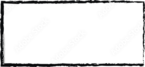 Hand drawn black rectangular frame on white background. Rough sketch border with uneven ink texture and grunge style. Minimal outline frame for posters, notes, and layouts. 
