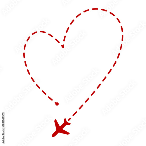 Airplane flight path in the Heart shape, isolated on a transparent background. Vector illustration for Happy Valentine's Day. Ideal for designs related to love travel, tourism, or romantic adventures