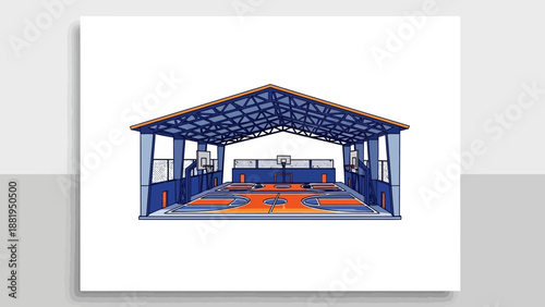 Covered indoor basketball court with bleachers and lights, ready for a game