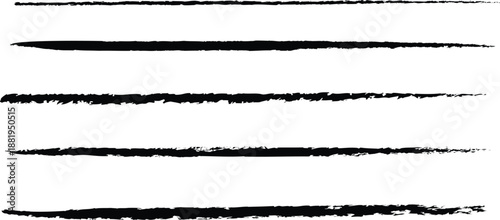 Hand drawn horizontal brush lines on white background. Rough ink strokes with textured edges creating divider elements. Grunge linear accents for layouts, notes, and graphic design. 