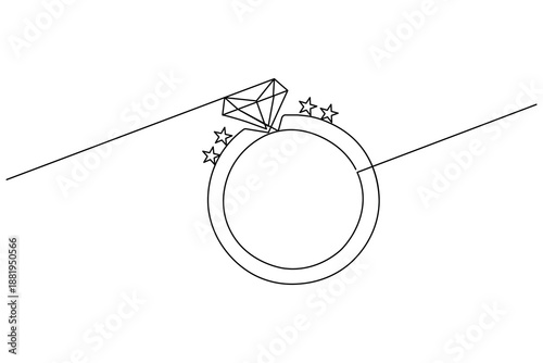 Minimalist continuous one line drawing of a wedding and engagement ring with diamond. Elegant jewelry illustration isolated on white background for love and marriage concepts.