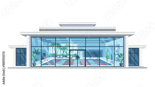 Modern Glass Building with Blue and Red Interior Design Elements and Plants