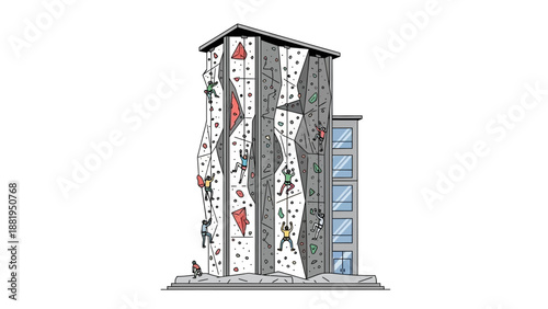 Illustration of a skyscraper building with a climbing wall on its exterior featuring diverse climbers actively engaged in the sport
