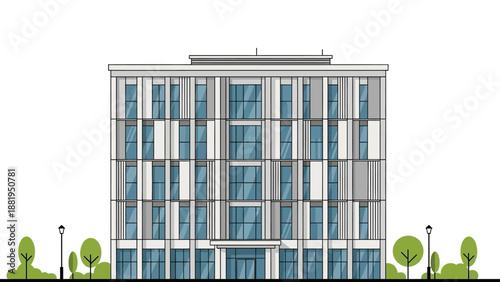 Modern Office Building Facade with Large Windows and Trees